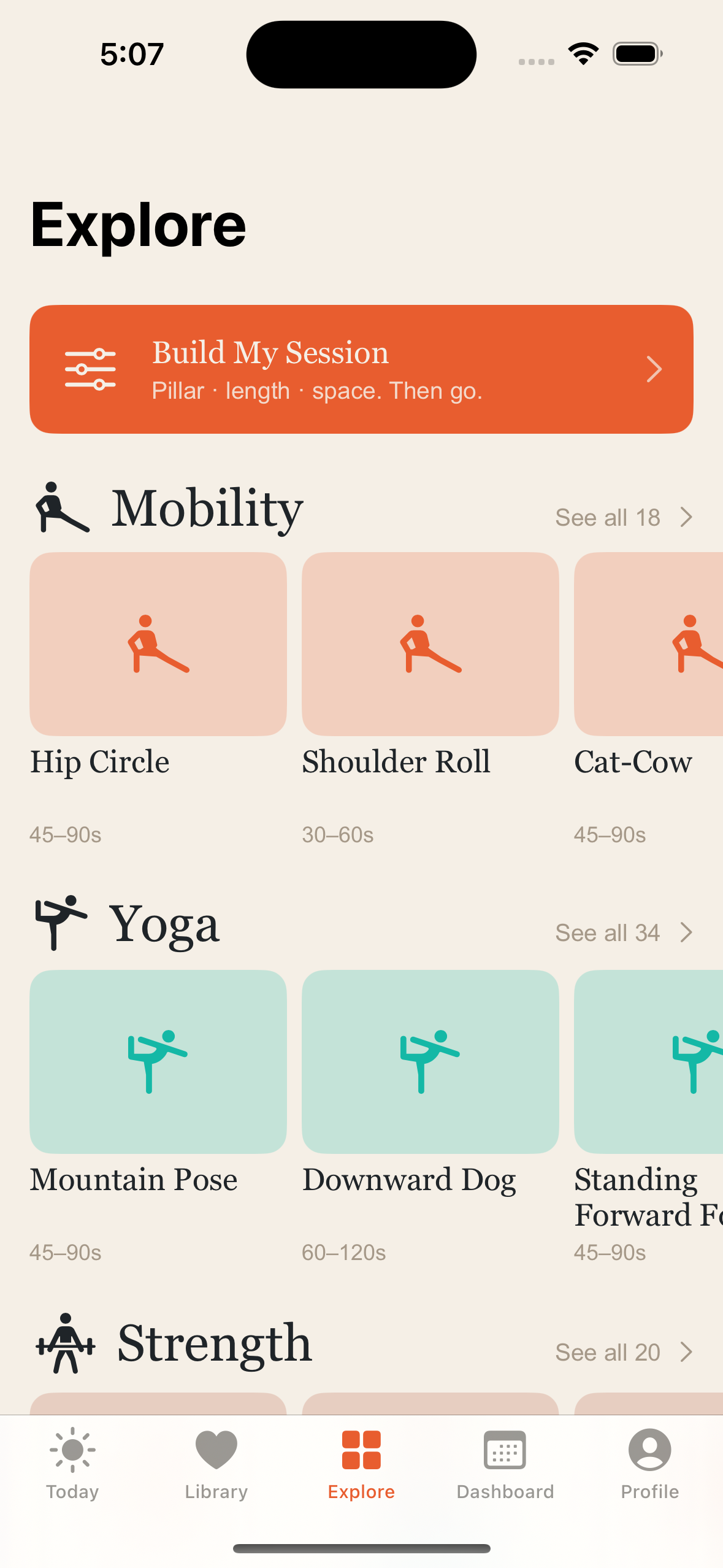 Sthira Me Explore tab showing 7 pillar shelves (Mobility / Breath / Strength / Yoga / Meditation / Sleep / Hypnosis)
