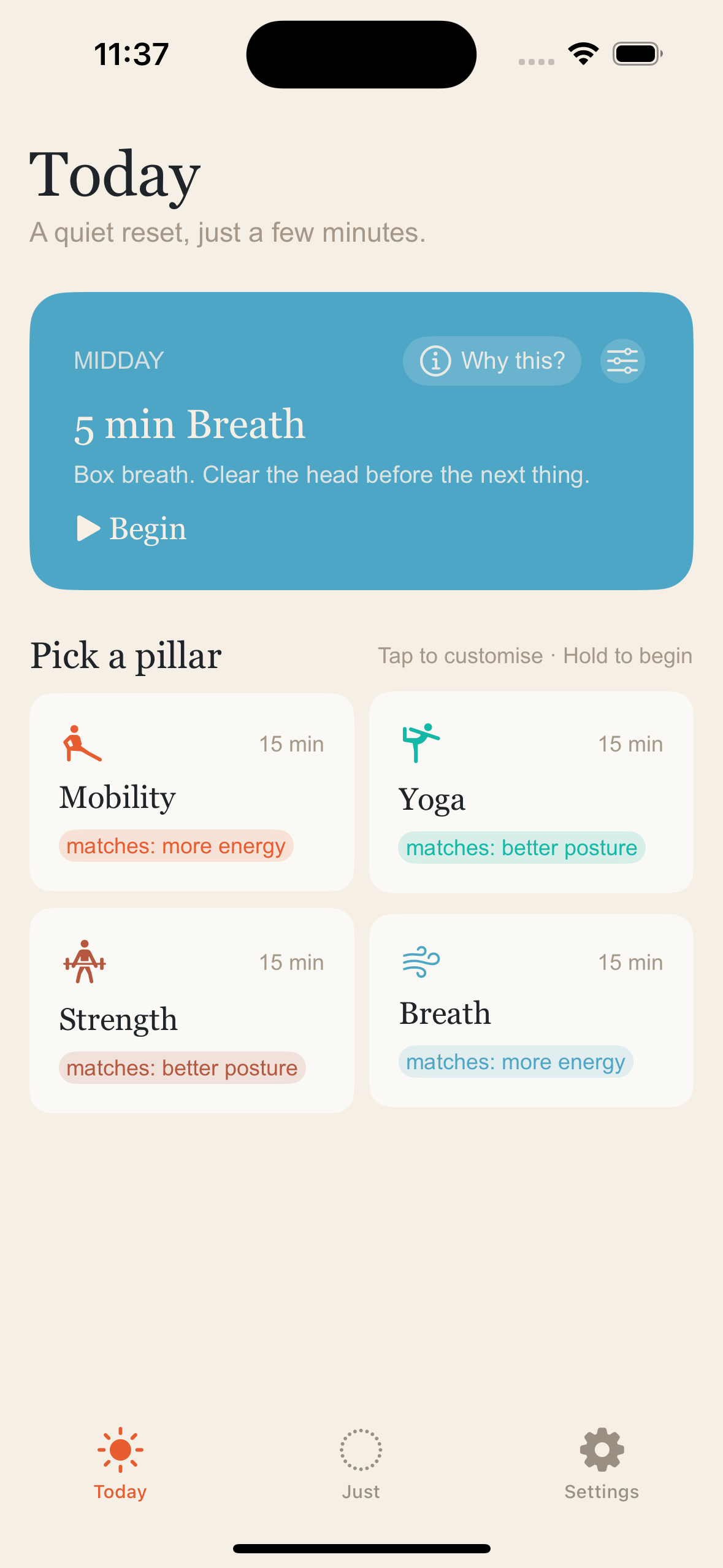 Sthira Me Today tab on iPhone. A Sky-blue card reads Midday, 5 min Breath, Box breath, clear the head before the next thing, with a Begin button. Below it a pillar picker shows Mobility, Yoga, Strength and Breath cards, each tagged with why it matches the user today.
